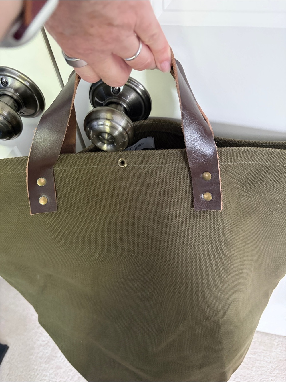 Carly Jean Los Angeles Olive Canvas Tote with Brown Leather Handles - Picture 2 of 7